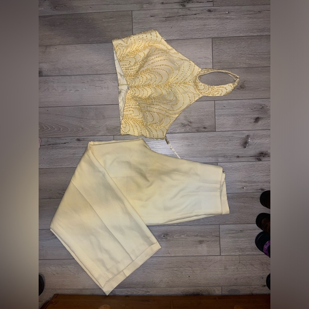 Yellow Embellished Halter Top and High-Waist Pants Set